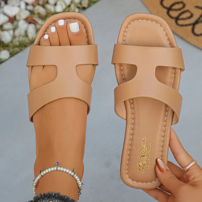 Sandalias planas tipo mule de mujer con tira única y corte calado, ajuste ancho, de PU, sin talón, antideslizantes, con suela fina, ideales para el verano, viajes a la playa y tallas grandes.